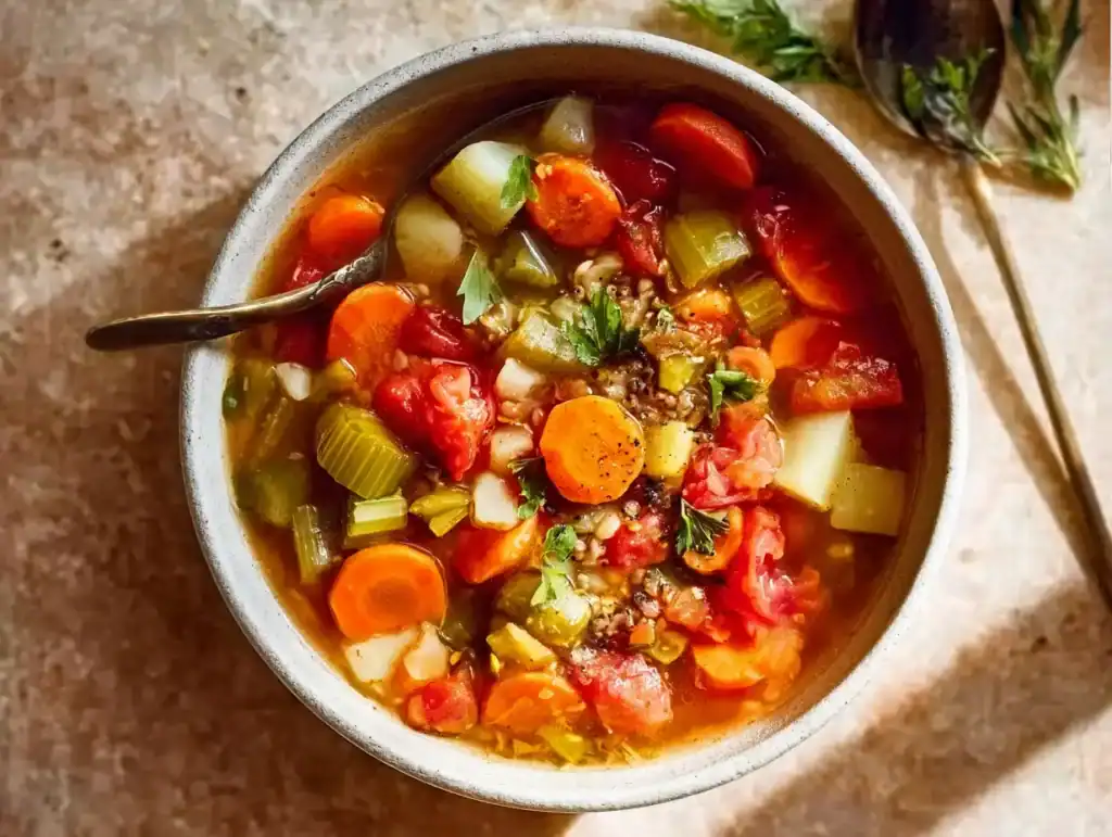 Bowl of turkey vegetable soup with carrots, celery, tomatoes, and shredded turkey in clear golden broth on a bright light background.