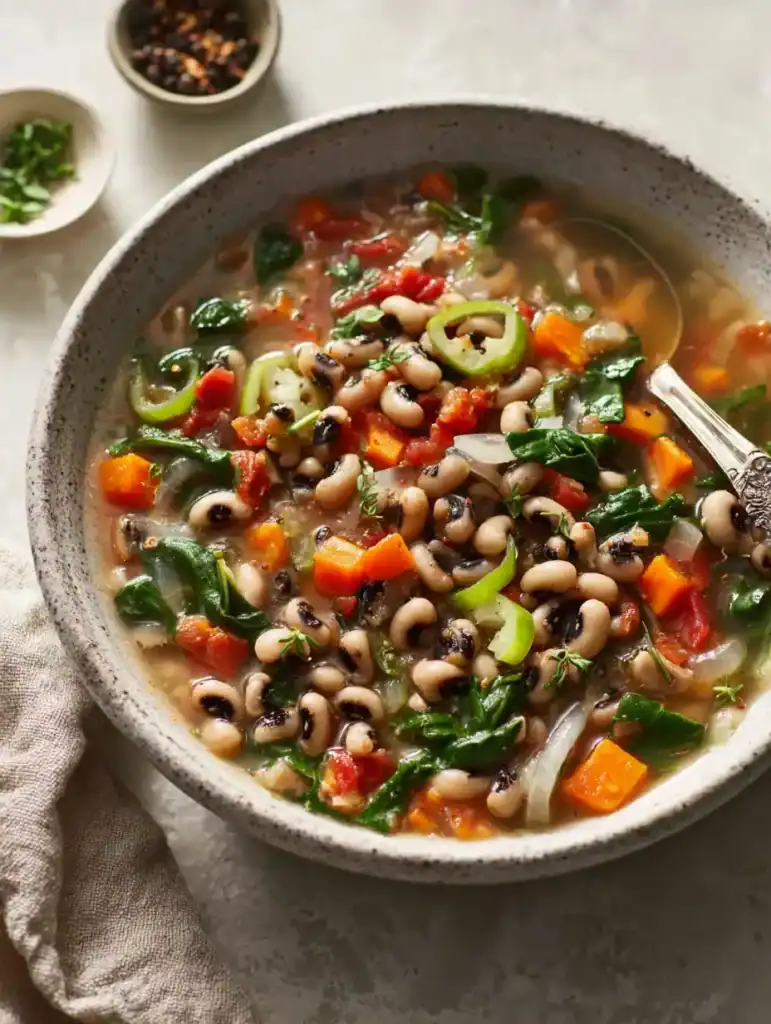Bowl of Black Eyed Pea Soup with vegetables in a bright, clean setting on a light background.