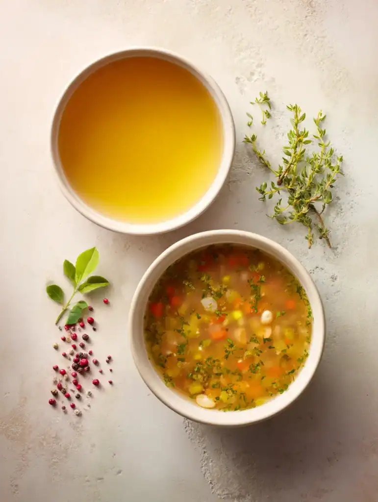 broth vs soup: Side-by-side bowls showing clear broth and hearty soup with vegetables