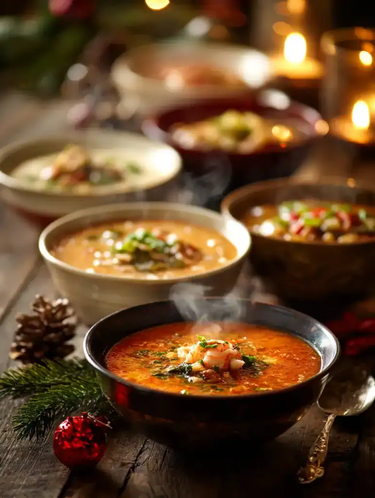 Assorted cozy Christmas soups served on a festive holiday table with candles and pine decorations.