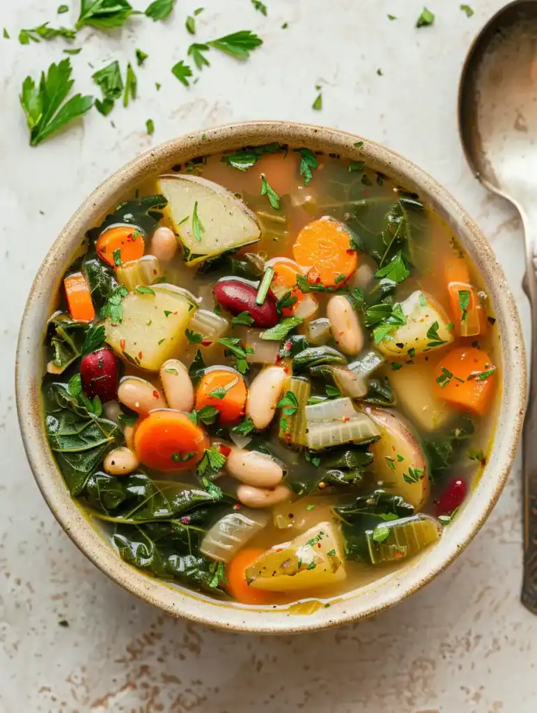 A bowl of collard greens soup with red potatoes, carrots, beans, and tender collard leaves in a light broth, photographed in bright natural daylight.