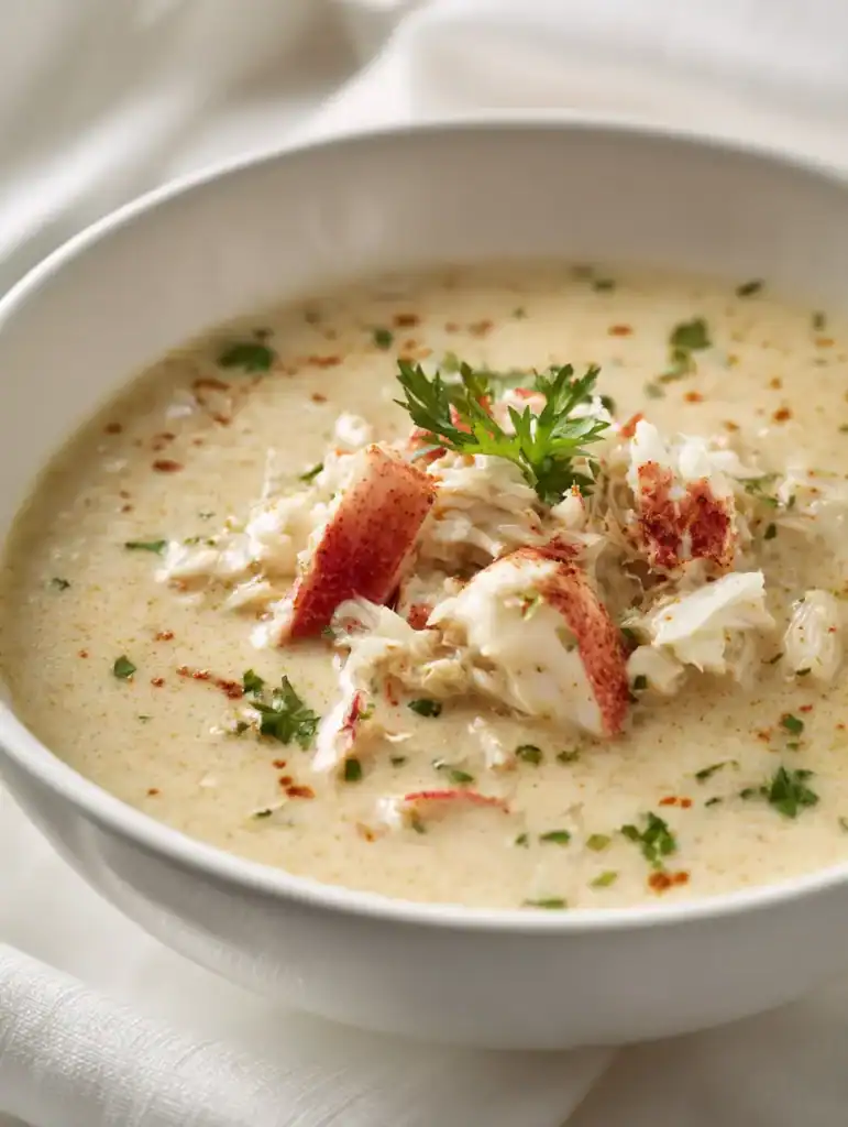 A bright, creamy bowl of Maryland-style cream of crab soup topped with lump crab meat, Old Bay seasoning, and parsley on a light background.