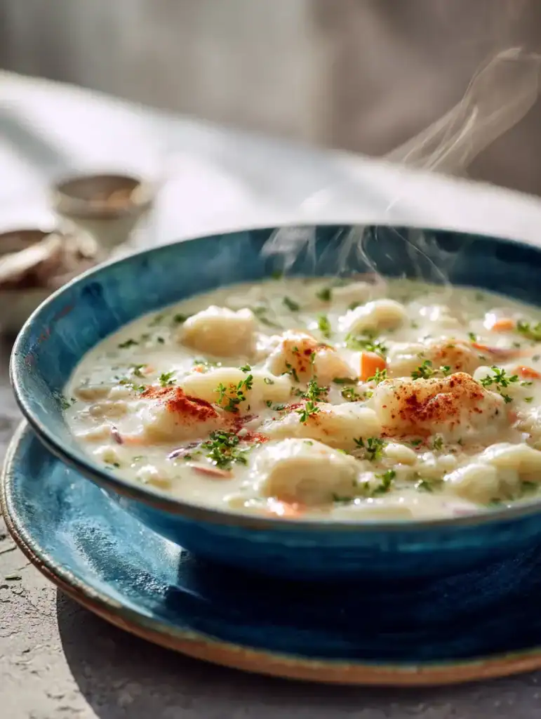 Bowl of creamy knoephla soup with potatoes and dumplings in a blue ceramic bowl on a light background, with soft steam rising.