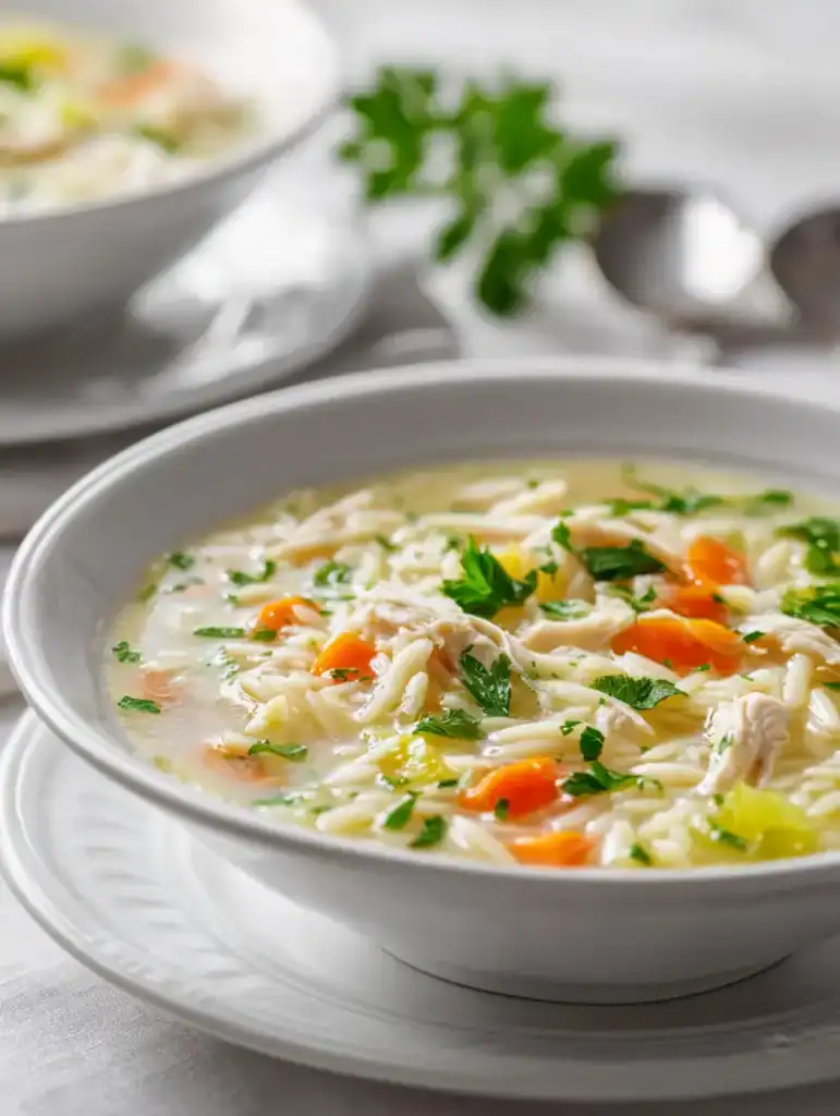 Bowl of lemon chicken orzo soup with tender chicken, orzo pasta, carrots, celery, fresh parsley, and a bright lemon-infused broth on a light background