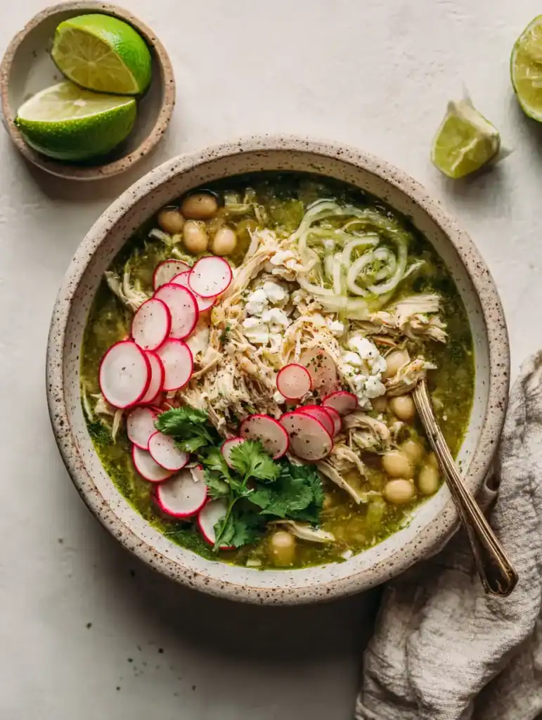 Bowl of pozole verde​ with shredded chicken, hominy, sliced radishes, shredded cabbage, lime wedges, and cilantro in a bright green broth on a light background.