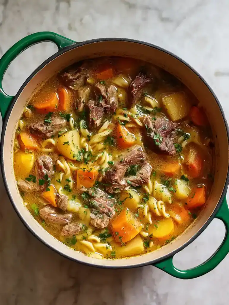 Soup Joumou in a green Dutch oven on a light marble surface, showing a golden squash broth with beef, carrots, potatoes, and pasta.