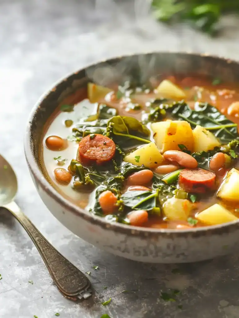Bowl of swamp soup recipe with turnip greens, smoked sausage, beans, and potatoes in a bright, clean setting.