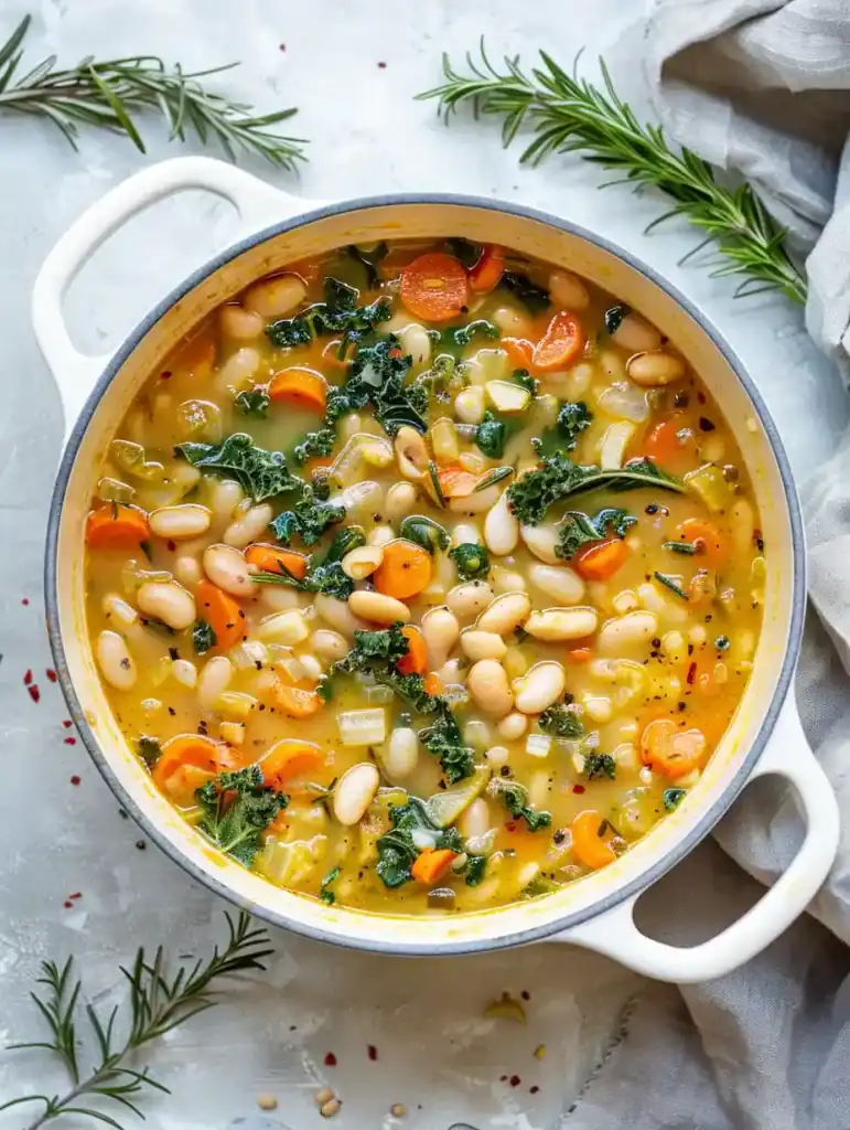 Tuscan white bean soup in a white Dutch oven with cannellini beans, carrots, and kale in a creamy golden broth.
