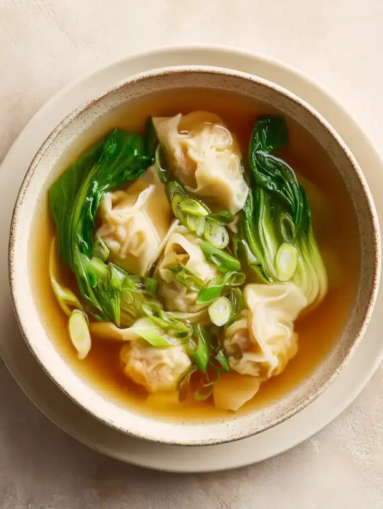 Bowl of wonton soup recipe​ with clear broth shrimp wontons, baby bok choy, and scallions on a light background