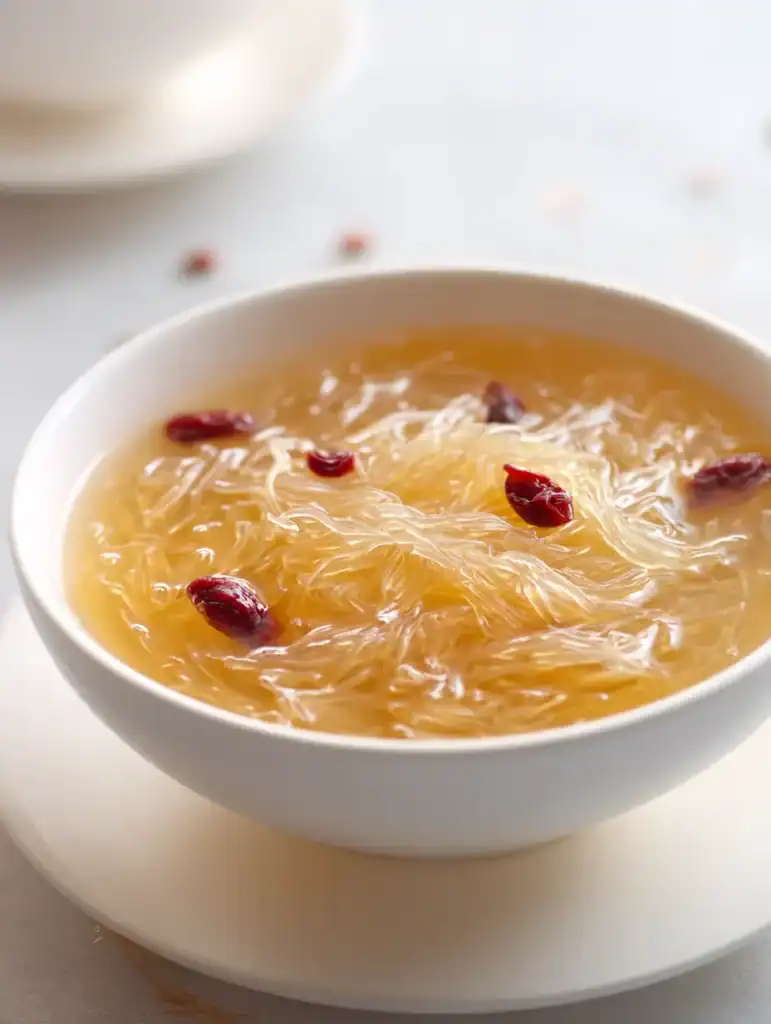 Bird’s nest soup served in a white bowl with translucent strands, light golden broth, and red dates on a bright neutral background