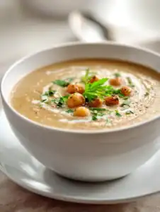 Creamy eggplant soup served in a white bowl, garnished with herbs and chickpeas on a light background