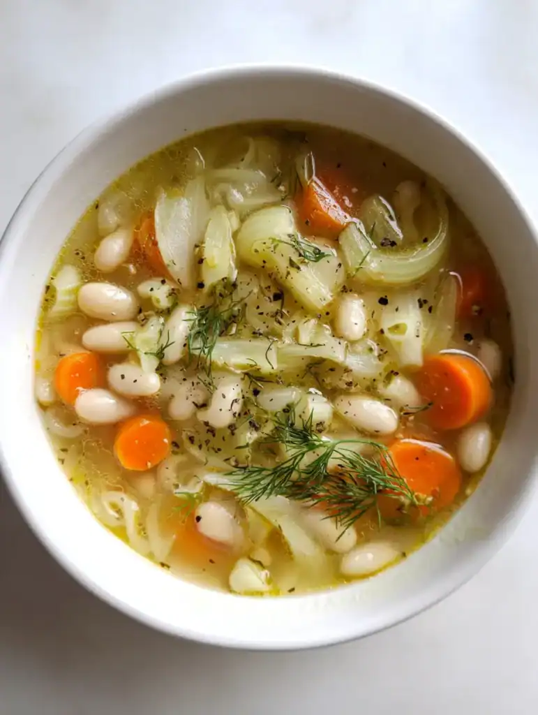Bowl of fennel soup with white beans and pasta in a light vegetable broth, topped with fresh basil.