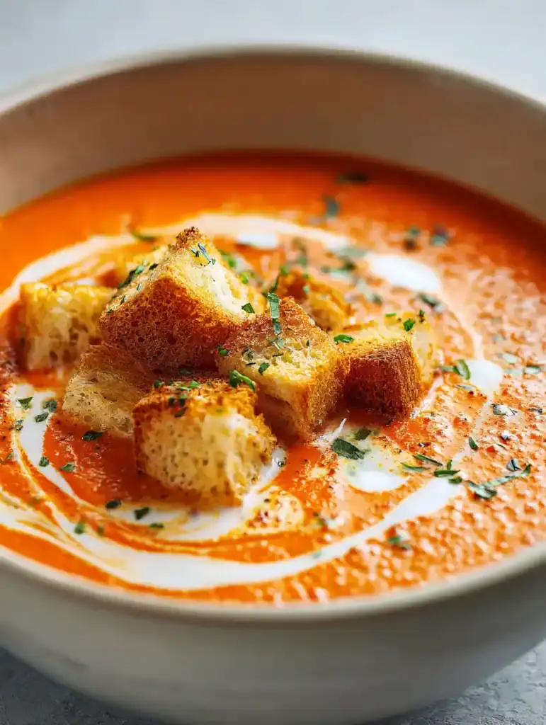 Creamy red pepper gouda soup topped with golden croutons and fresh herbs in a white bowl on a light background
