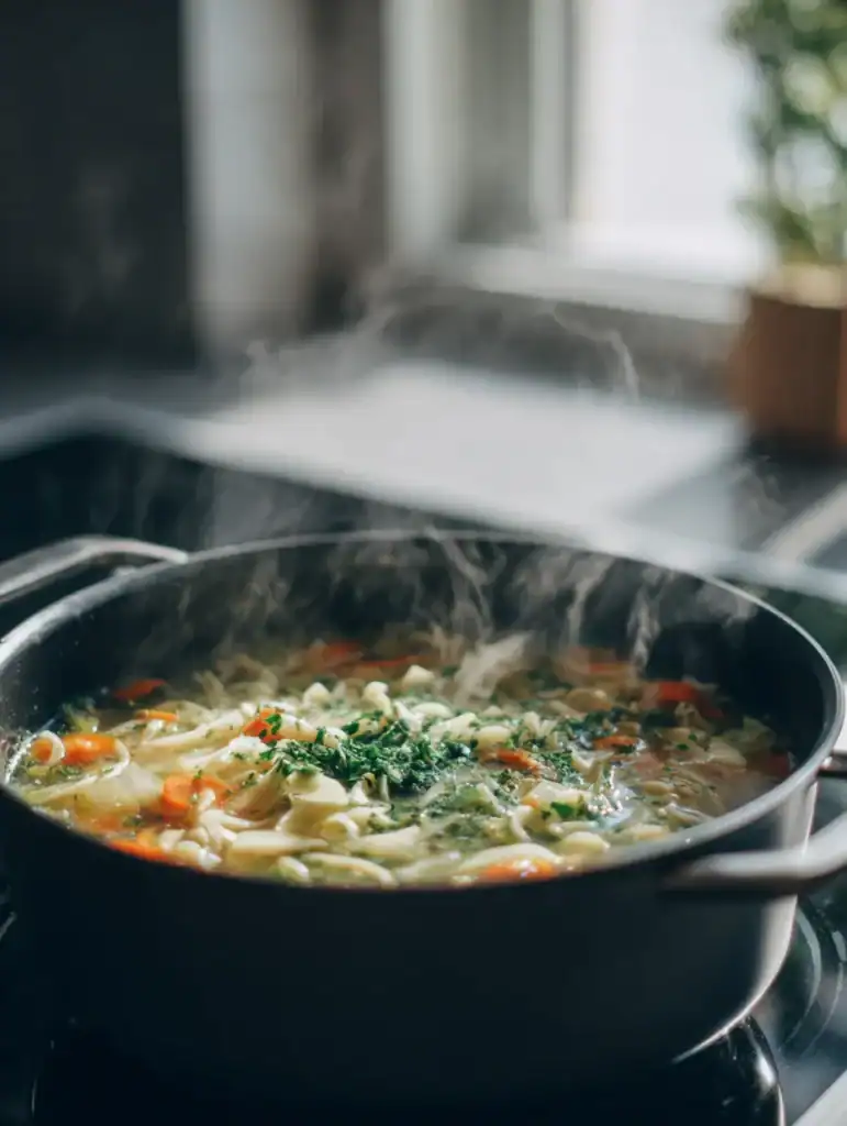 Simple homemade soup for beginners simmering in a pot with vegetables and broth, ideal  for learning basic soup cooking