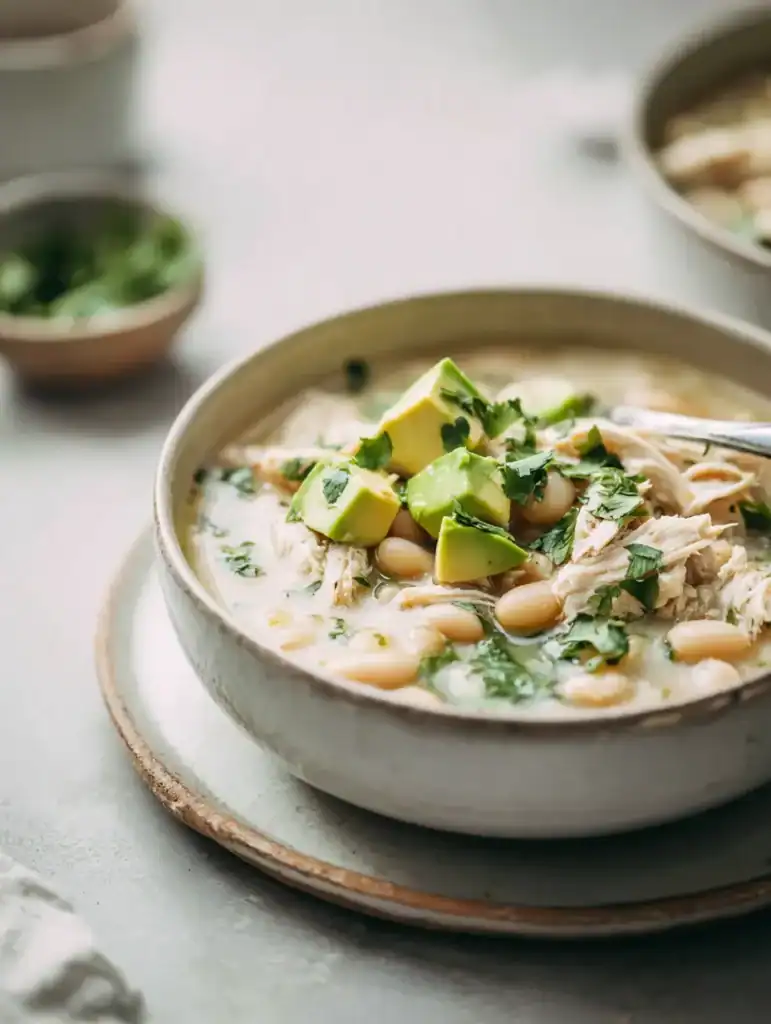 Creamy white bean chicken chili with cannellini beans, tender chicken, and fresh cilantro in a bright ceramic bowl