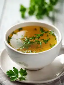 Bowl of homemade soup stock with golden clear broth and fresh herbs in a bright kitchen setting