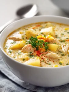 creamy chicken corn chowder with potatoes and sweet corn in a bowl