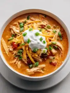 creamy chicken taco soup with sour cream shredded cheese and green onions in a white bowl