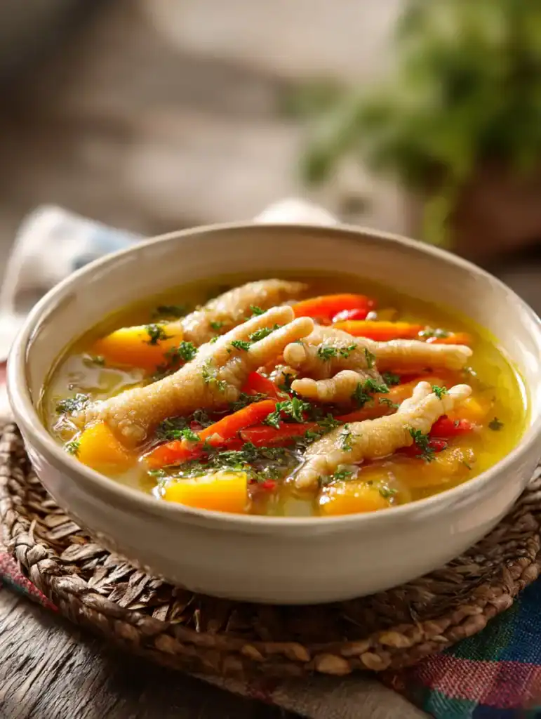 chicken feet soup​​ recipe served in a bowl with rich homemade broth and vegetables