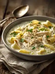 Creamy chicken Alfredo soup served with shredded chicken, egg noodles, Parmesan, parsley, and basil.
