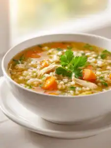 Chicken barley soup with pearl barley, shredded chicken, carrots, and celery in a white bowl