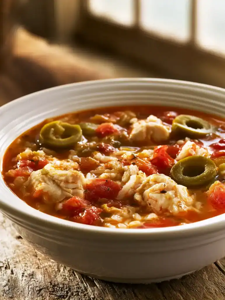Homemade chicken gumbo soup​ with chicken, rice, tomatoes, and Cajun broth