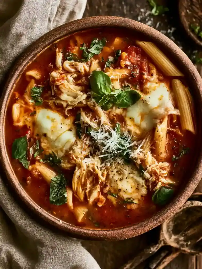 chicken parmesan soup​ served with shredded chicken, mozzarella, Parmesan, basil, and penne pasta