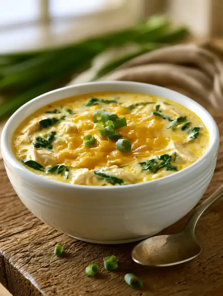 Creamy crack chicken soup topped with cheddar cheese and green onions