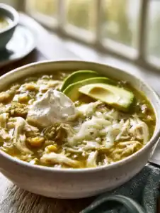 Green chili chicken soup topped with avocado, cheese, and sour cream