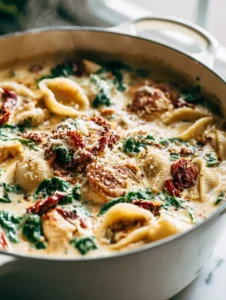 Creamy Tuscan chicken soup with chicken, spinach, pasta, Parmesan, and sun-dried tomatoes