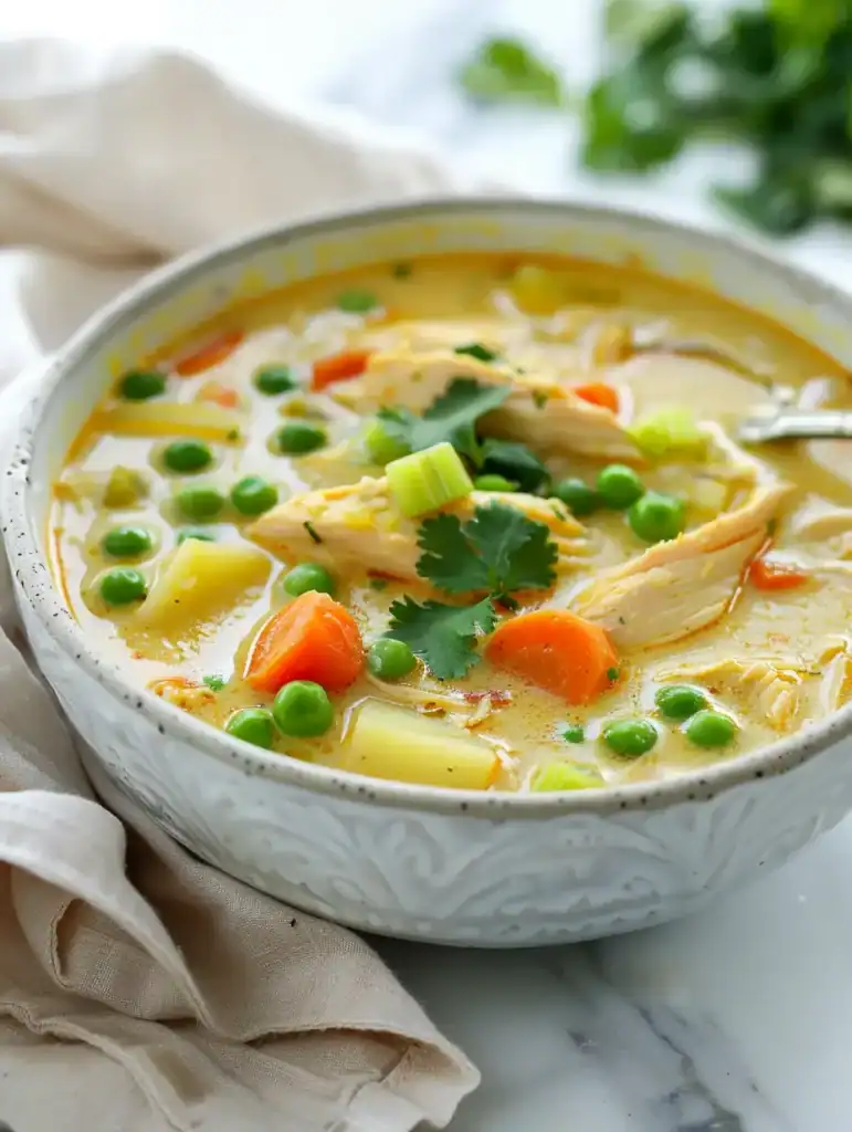 Creamy chicken curry soup​ with coconut milk, chicken, potatoes, carrots, and cilantro