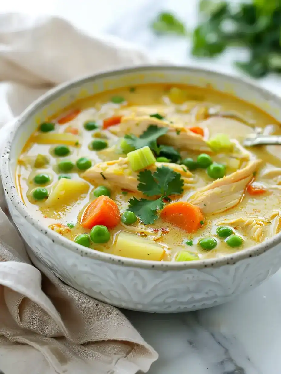 Creamy Chicken Curry Soup with coconut milk, chicken, potatoes, carrots, and cilantro