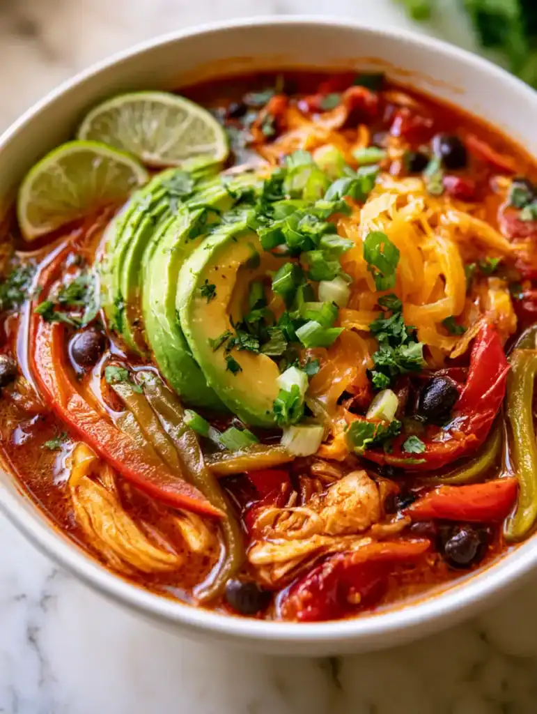 chicken fajita soup​ topped with avocado, cheese, cilantro, and lime